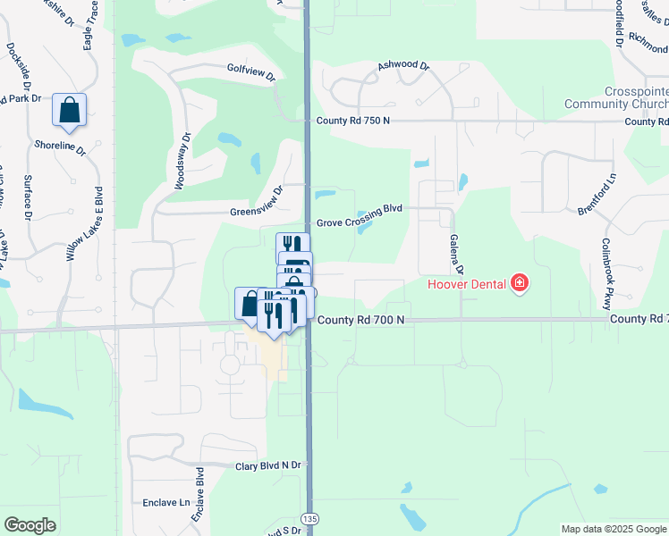 map of restaurants, bars, coffee shops, grocery stores, and more near 1640 Stones Crossing Road West in Greenwood