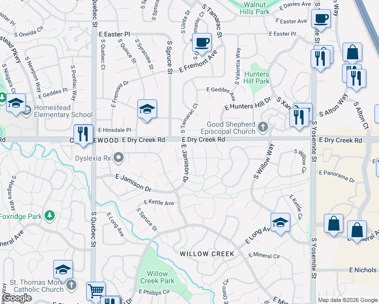 map of restaurants, bars, coffee shops, grocery stores, and more near 7500 South Trenton Court in Centennial
