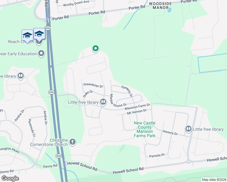 map of restaurants, bars, coffee shops, grocery stores, and more near 127 Duke Drive in Bear