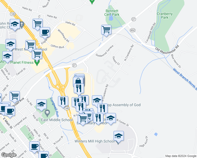 map of restaurants, bars, coffee shops, grocery stores, and more near 389 Logan Drive in Westminster