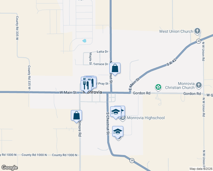 map of restaurants, bars, coffee shops, grocery stores, and more near 2 East Main Street in Monrovia