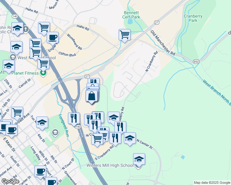 map of restaurants, bars, coffee shops, grocery stores, and more near 389 Logan Drive in Westminster