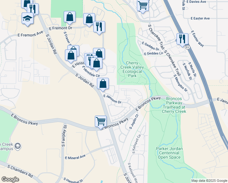 map of restaurants, bars, coffee shops, grocery stores, and more near 15611 East Jamison Drive in Englewood