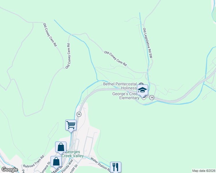 map of restaurants, bars, coffee shops, grocery stores, and more near 67 Maryland 36 in Lonaconing