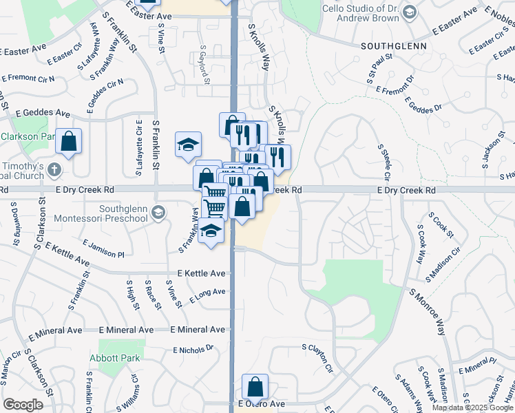 map of restaurants, bars, coffee shops, grocery stores, and more near 7530 South University Boulevard in Centennial