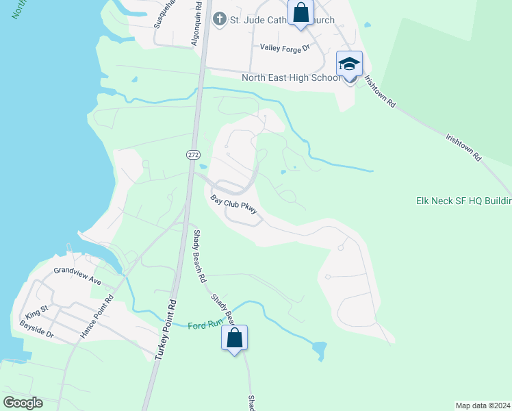 map of restaurants, bars, coffee shops, grocery stores, and more near 69 Bay Club Parkway in North East