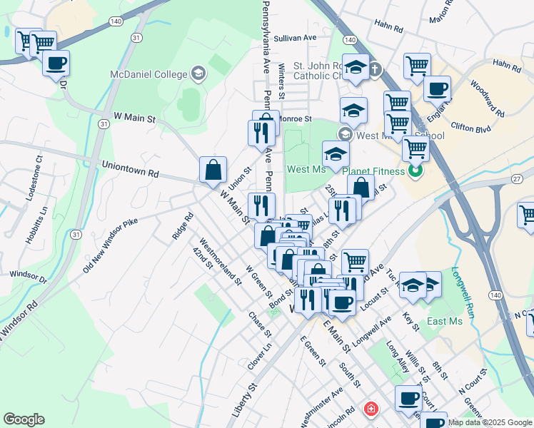 map of restaurants, bars, coffee shops, grocery stores, and more near 55 Pennsylvania Avenue in Westminster