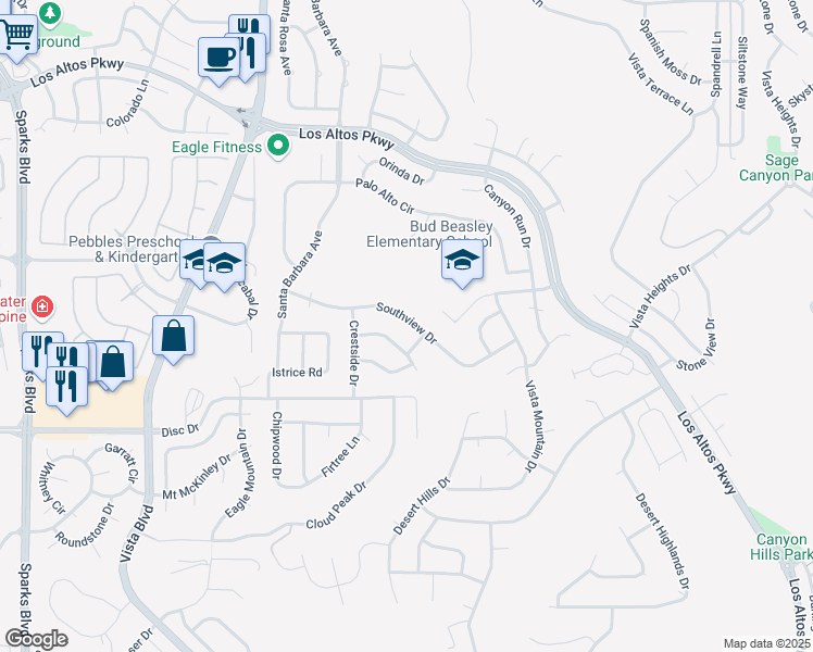map of restaurants, bars, coffee shops, grocery stores, and more near 1675 Southview Drive in Sparks