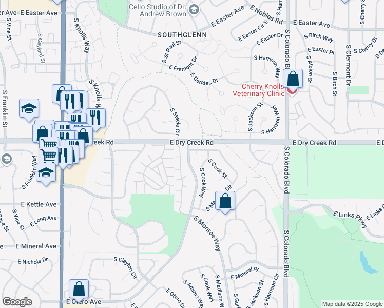 map of restaurants, bars, coffee shops, grocery stores, and more near 7522 South Madison Circle in Centennial