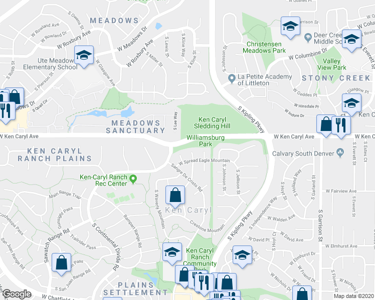 map of restaurants, bars, coffee shops, grocery stores, and more near 7480 South Lee Way in Littleton