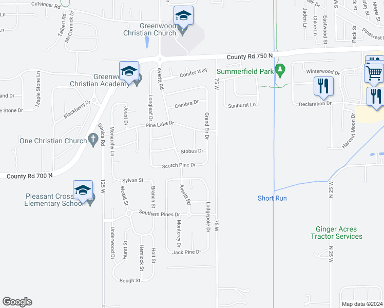 map of restaurants, bars, coffee shops, grocery stores, and more near 609 Stobus Drive in Greenwood