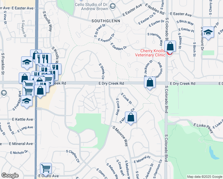 map of restaurants, bars, coffee shops, grocery stores, and more near 7522 South Madison Circle in Centennial