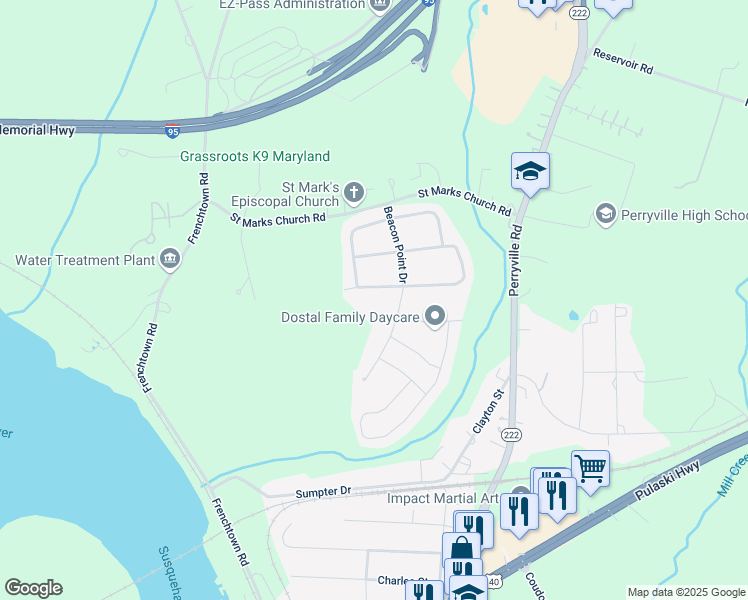 map of restaurants, bars, coffee shops, grocery stores, and more near 406 Cedar Point Drive West in Perryville