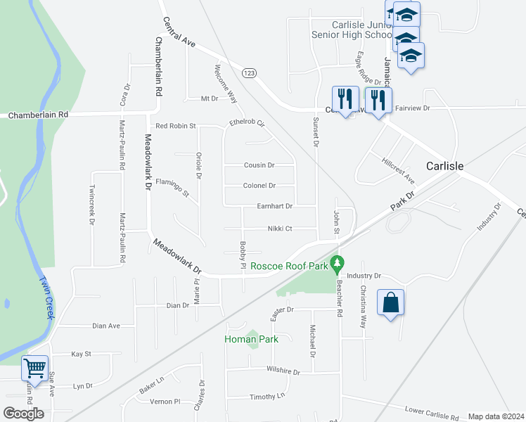 map of restaurants, bars, coffee shops, grocery stores, and more near 190 Earnhart Drive in Carlisle