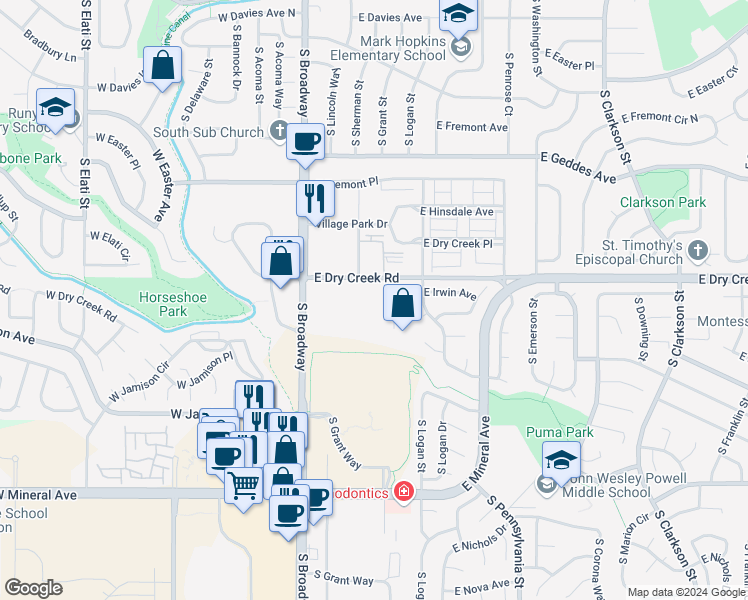 map of restaurants, bars, coffee shops, grocery stores, and more near 250 East Dry Creek Road in Littleton