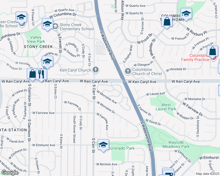 map of restaurants, bars, coffee shops, grocery stores, and more near 8214 West Ken Caryl Place in Littleton