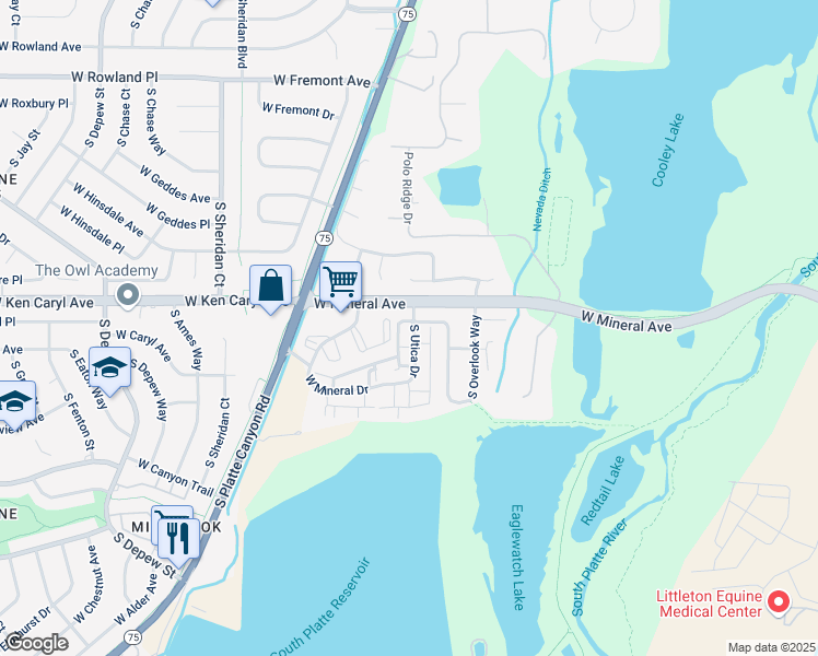 map of restaurants, bars, coffee shops, grocery stores, and more near 7501 South Utica Drive in Littleton