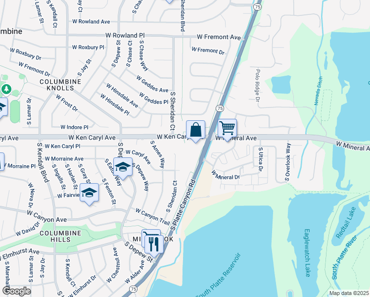 map of restaurants, bars, coffee shops, grocery stores, and more near 5130 West Ken Caryl Avenue in Littleton