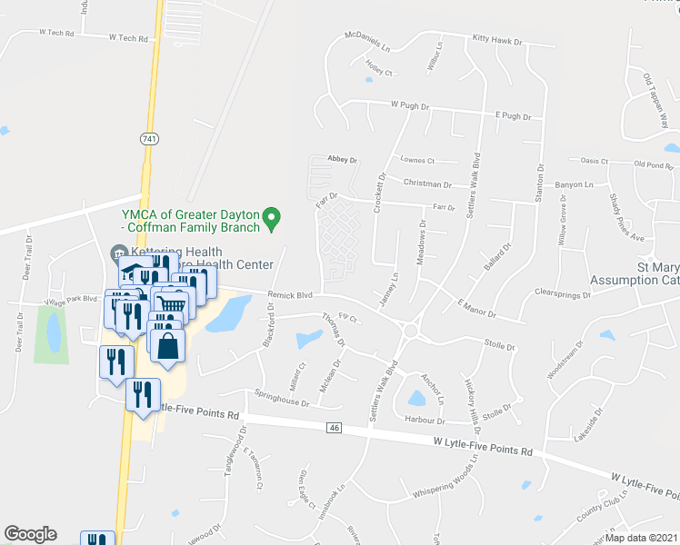 map of restaurants, bars, coffee shops, grocery stores, and more near 28 Villa Pointe Drive in Springboro