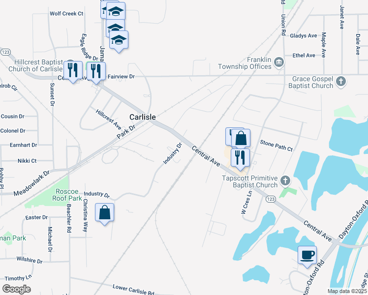 map of restaurants, bars, coffee shops, grocery stores, and more near 572 Central Avenue in Carlisle
