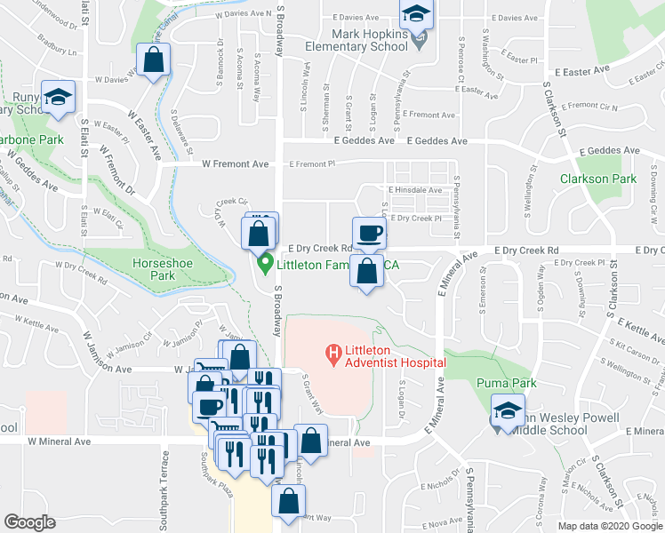 map of restaurants, bars, coffee shops, grocery stores, and more near 250 East Dry Creek Road in Littleton