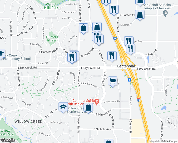 map of restaurants, bars, coffee shops, grocery stores, and more near 9079 East Panorama Circle in Centennial