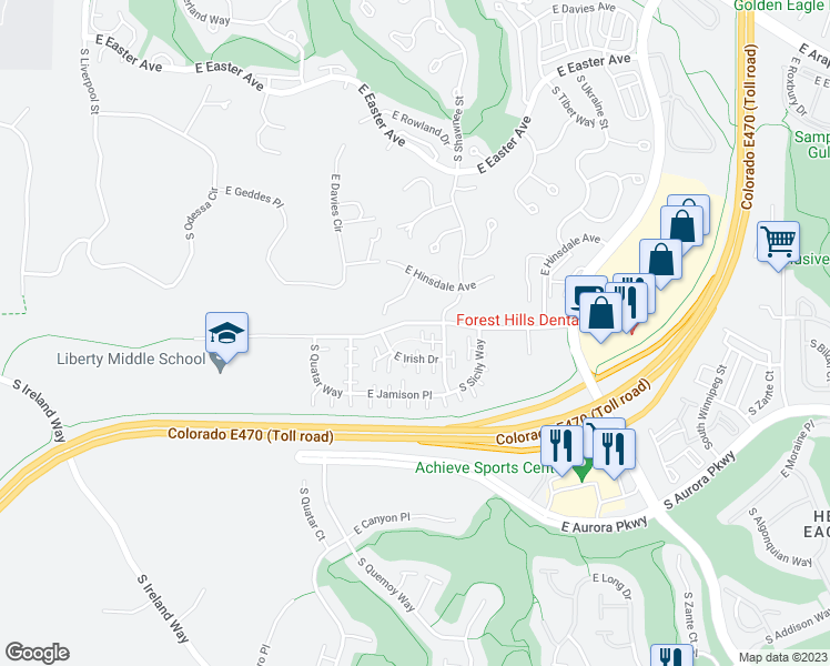 map of restaurants, bars, coffee shops, grocery stores, and more near 22105 East Dry Creek Place in Aurora