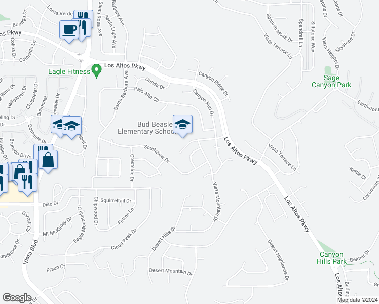 map of restaurants, bars, coffee shops, grocery stores, and more near 4860 Blue Mountain Circle in Sparks