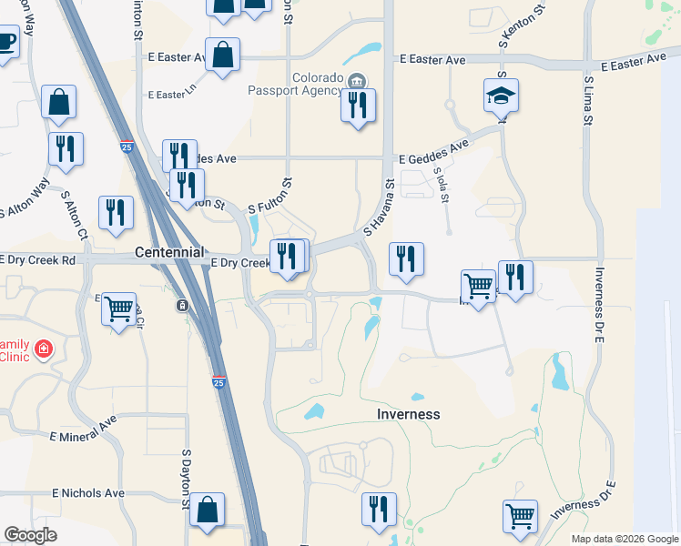 map of restaurants, bars, coffee shops, grocery stores, and more near 10200 East Dry Creek Road in Englewood