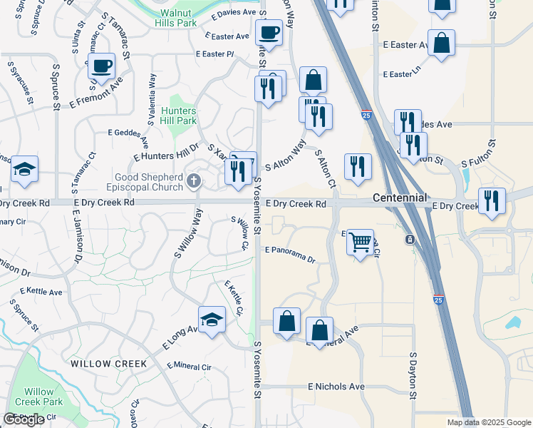 map of restaurants, bars, coffee shops, grocery stores, and more near 9079 East Panorama Circle in Centennial