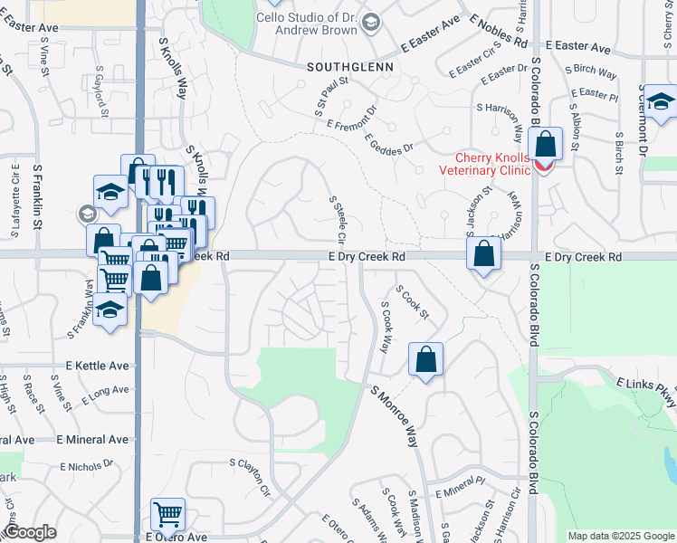 map of restaurants, bars, coffee shops, grocery stores, and more near 7490 South Steele Circle in Centennial