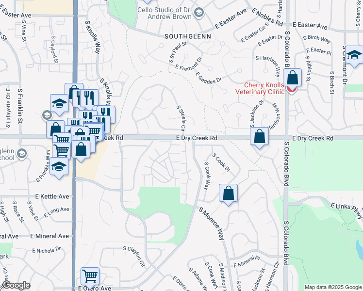 map of restaurants, bars, coffee shops, grocery stores, and more near 7490 South Steele Circle in Centennial