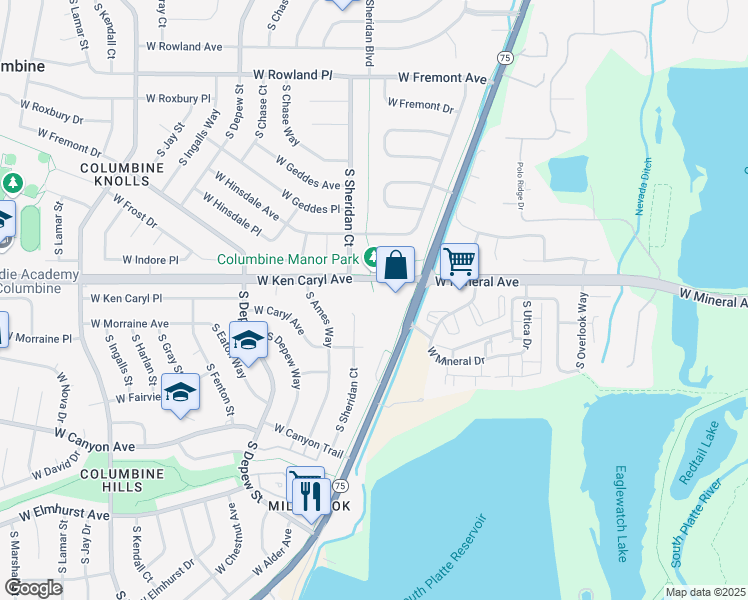 map of restaurants, bars, coffee shops, grocery stores, and more near 5130 West Ken Caryl Avenue in Littleton