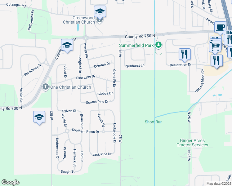 map of restaurants, bars, coffee shops, grocery stores, and more near 2693 Grand Fir Drive in Greenwood
