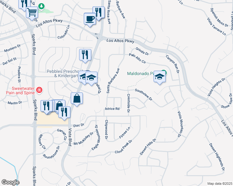 map of restaurants, bars, coffee shops, grocery stores, and more near 1525 Southview Drive in Sparks