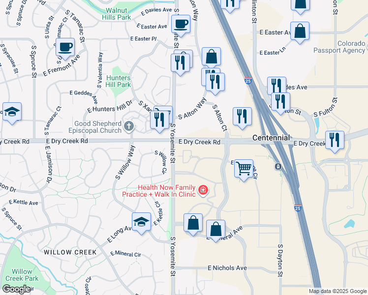 map of restaurants, bars, coffee shops, grocery stores, and more near 9059 East Panorama Circle in Englewood