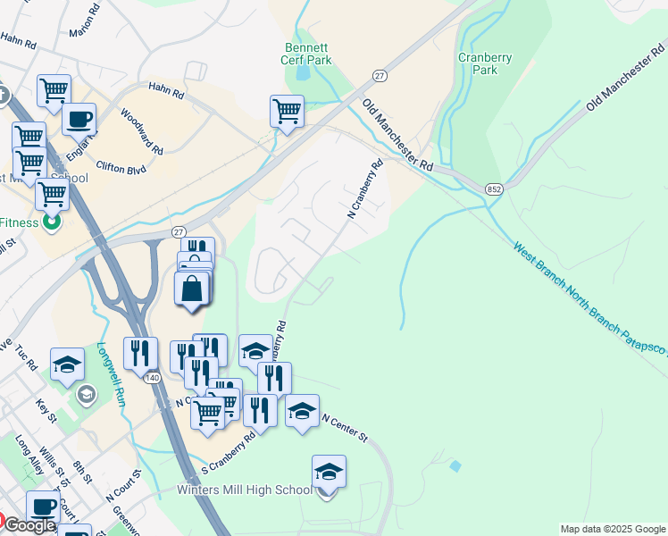 map of restaurants, bars, coffee shops, grocery stores, and more near 226 Alymer Court in Westminster