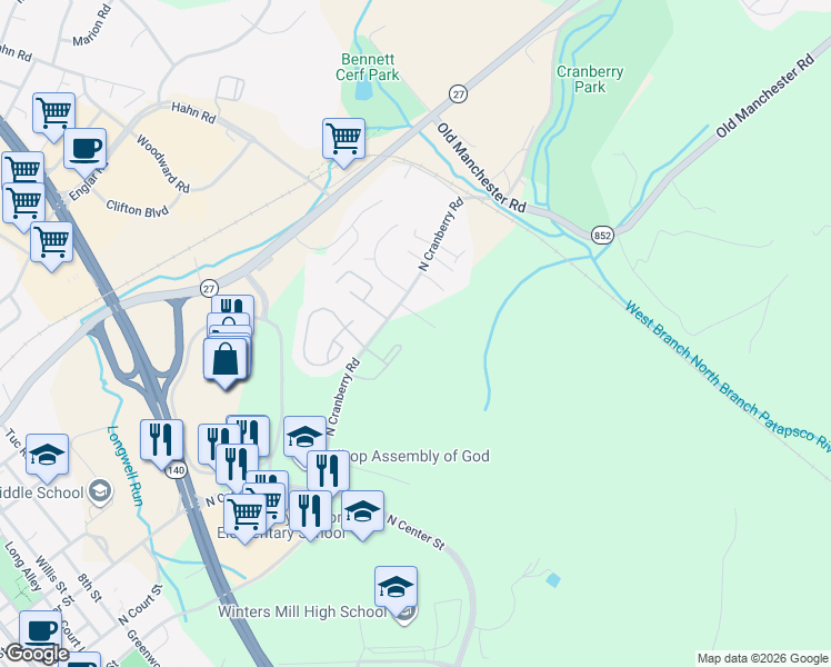 map of restaurants, bars, coffee shops, grocery stores, and more near 239 Alymer Court in Westminster