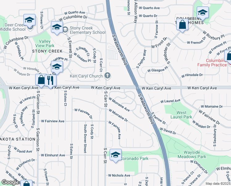 map of restaurants, bars, coffee shops, grocery stores, and more near 8325 West Ken Caryl Place in Littleton
