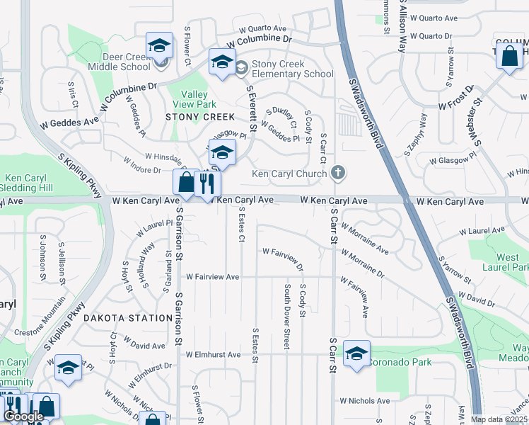 map of restaurants, bars, coffee shops, grocery stores, and more near 8800 West Ken Caryl Avenue in Littleton