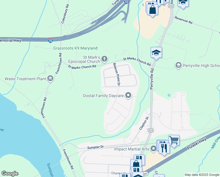 map of restaurants, bars, coffee shops, grocery stores, and more near 406 Cedar Point Drive West in Perryville