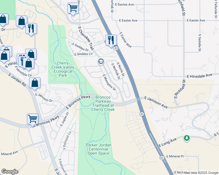 map of restaurants, bars, coffee shops, grocery stores, and more near 7419 South Memphis Street in Aurora
