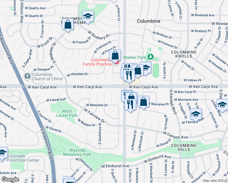 map of restaurants, bars, coffee shops, grocery stores, and more near 7542 South Quay Court in Littleton