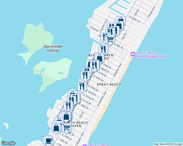 map of restaurants, bars, coffee shops, grocery stores, and more near 2600 Long Beach Boulevard in Long Beach