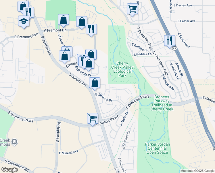 map of restaurants, bars, coffee shops, grocery stores, and more near 15601 East Jamison Drive in Englewood