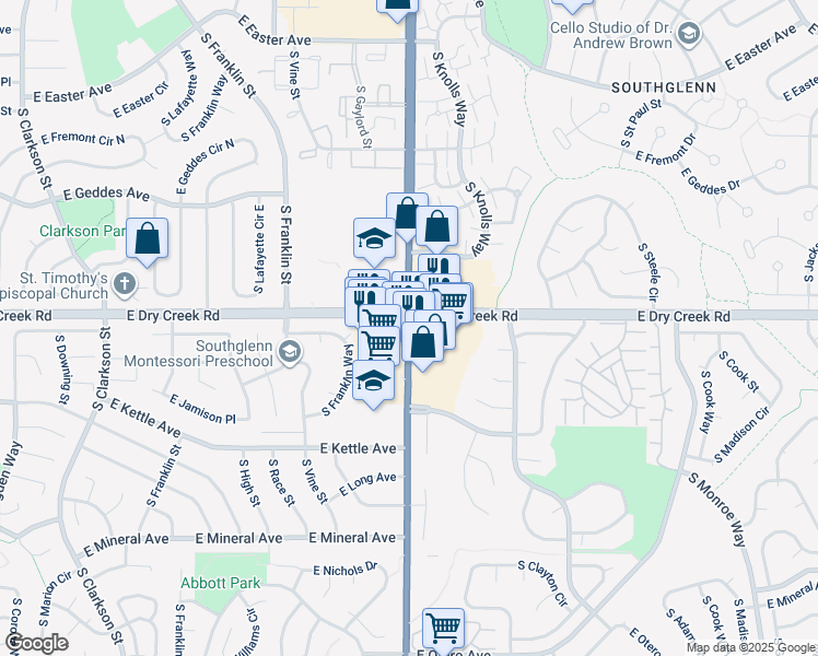map of restaurants, bars, coffee shops, grocery stores, and more near 7530 South University Boulevard in Centennial