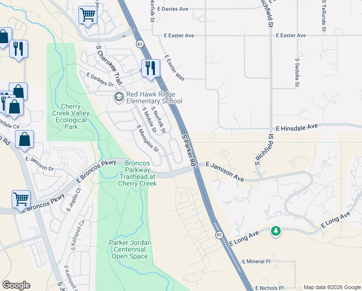 map of restaurants, bars, coffee shops, grocery stores, and more near 7455 South Norfolk Way in Aurora