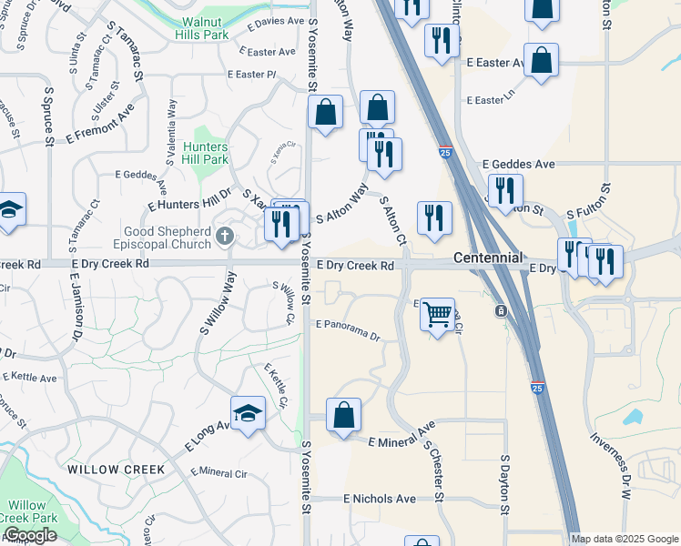 map of restaurants, bars, coffee shops, grocery stores, and more near 9079 East Panorama Circle in Centennial