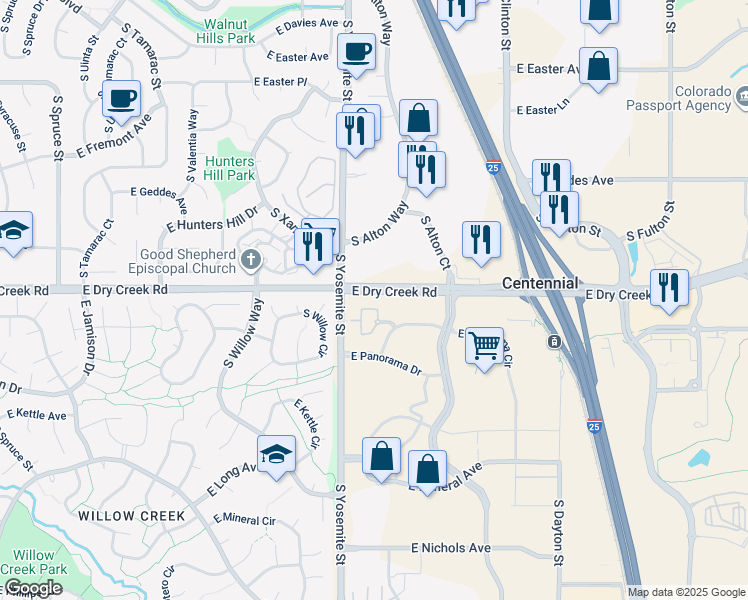 map of restaurants, bars, coffee shops, grocery stores, and more near 9079 East Panorama Circle in Centennial