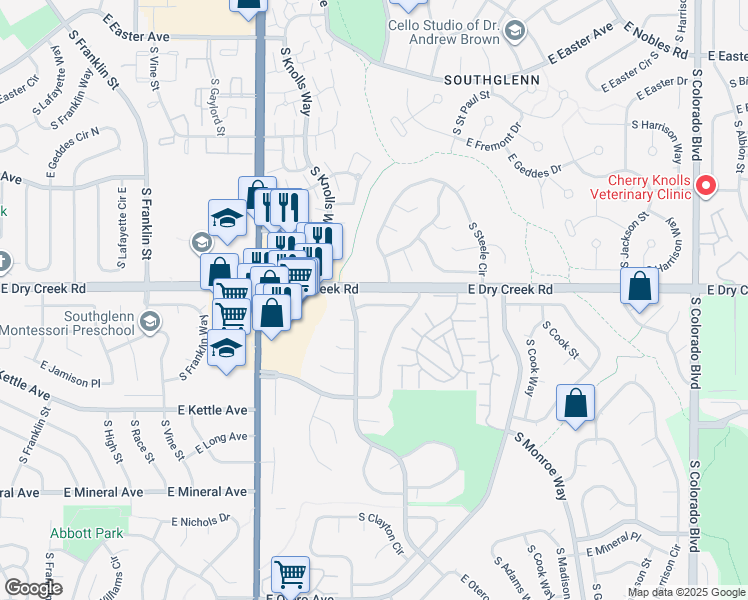 map of restaurants, bars, coffee shops, grocery stores, and more near 2865 East Dry Creek Place in Centennial